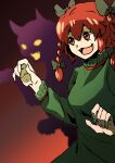  1girl :3 :d animal_ears bow braid cat cat_ears claw_pose dress fangs gagamatsu green_dress hair_bow kaenbyou_rin open_mouth red_eyes red_hair smile solo touhou twin_braids 