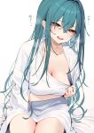  1girl absurdres arm_under_breasts blush breast_hold breasts cleavage clothes_pull green_hair hair_between_eyes highres itohana large_breasts long_hair looking_at_viewer naked_shirt no_bra no_pants open_mouth original oversized_clothes oversized_shirt paid_reward_available pulled_by_self shirt simple_background skirt skirt_pull solo thighs translated very_long_hair white_background white_shirt yellow_eyes 