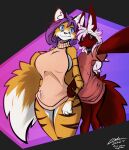  absurd_res anthro big_breasts black_sclera blue_eyes breasts clothing collar demon dipstick_tail duo ear_tuft felid female fluffy fluffy_tail fur hair hi_res holding_arm lodi long_hair male male/female mammal markings meme meme_clothing orange_body orange_fur pantherine pupils purple_hair red_body red_fur selfie shirt side_boob size_difference slit_pupils standing stripes sweater tail_markings thick_thighs tiger topwear tuft virgin_killer_sweater white_body white_fur white_hair 
