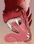  2022 absurd_res artist_name bodily_fluids dated dragon drooling fangs feral gradient_body hi_res mouth_shot narrowed_eyes open_mouth pink_tongue red_body saliva saliva_on_tongue saliva_string santanahoffman sharp_teeth simple_background solo tan_eyes teeth tongue white_body 
