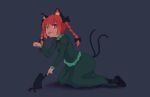  1girl :3 :d animal_ears black_bow black_cat bow braid cat cat_ears cat_tail dress green_dress hair_bow johnson_(touhousuki) kaenbyou_rin looking_at_viewer multiple_tails nekomata open_mouth paw_pose red_eyes red_hair shoes smile solo tail touhou twin_braids two_tails 