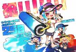  1girl :d bike_shorts_under_skirt black_shorts blue_hair hero_roller_(splatoon) highres inari1369 legs_apart long_hair miniskirt octarian octoling octoling_girl open_mouth over_shoulder pink_eyes purple_skirt sandals shirt short_sleeves shorts single_vertical_stripe skirt smile splatoon_(series) standing suction_cups teeth tentacle_hair visor_cap white_shirt 