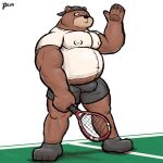  alanottaviano anthro barazoku belly brown_bear brown_body brown_fur chubby_male exercise fur grizzly_bear hi_res male male/male mammal musclegut muscular muscular_male overweight overweight_male solo sport sportswear tennis tennis_court tennis_racket ursid ursine 