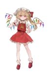  1girl ascot blonde_hair closed_mouth crystal flandre_scarlet full_body hat highres looking_at_viewer mob_cap one_side_up pointy_ears rainbow_order red_eyes reddizen short_sleeves simple_background smile socks solo touhou white_background white_headwear white_socks wings yellow_ascot 