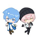  2boys 66_(roro) :o bangs beanie black_gloves black_headwear black_pants blue_eyes blue_hair blue_scarf chibi chinese_commentary eyebrows_hidden_by_hair full_body gloves hat highres holding holding_microphone indai_(3330425) jacket kaito_(vocaloid) light_blush looking_at_viewer male_focus microphone multiple_boys music open_mouth pants pink_hair scarf short_hair simple_background singing smile standing standing_on_one_leg vocaloid vy2 white_background white_jacket yellow_eyes 