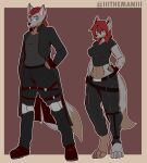  2022 absurd_res anthro black_nose blue_eyes breasts canid canine canis clothing coat duo female fingerless_gloves fur gloves grey_body grey_fur hair hand_on_hip handwear hi_res igni male mammal midriff red_hair sheila_(igni_vulpes) short_hair slicked_back_hair standing the_man topwear wolf 