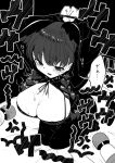  1girl 2boys arms_up bound bound_wrists braid breasts emphasis_lines fang from_above greyscale huge_breasts kaenbyou_rin kneeling long_hair mizuga monochrome multiple_boys sex_toy skin_fang solo_focus sound_effects sweat tearing_up tears touhou twin_braids vibrator 