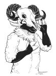  2022 ambiguous_gender anthro bone bovid caprine fingers fur hi_res hooved_fingers hooves horn mammal signature sketch skull snowsnow11 solo wool_(fur) 