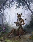  absurd_res antelope anthro arrow_(weapon) arrowed bovid bow_(weapon) cervid cut_throat death detailed_background duo forest forest_background gore hi_res hooves hunter knife mammal nature nature_background plant prey ranged_weapon snuff throat_slitting tourclub_chergid tree weapon 