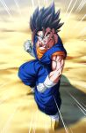  1boy black_eyes brown_hair dougi dragon_ball dragon_ball_z earrings emphasis_lines full_body gloves jewelry male_focus muscular muscular_male open_mouth potara_earrings rom_(20) solo vegetto white_footwear white_gloves 