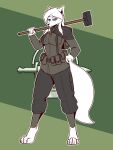 3:4 4_toes absurd_res backpack barefoot blue_eyes breasts canid canine canis clothed clothing feet female fluffy fluffy_tail foxhole full-length_portrait fur hair hammer hi_res long_hair mammal military portrait sledgehammer smile solo the_man toes tools video_games white_body white_fur white_hair wolf 