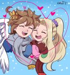  1boy 1girl absurdres ahoge angel_wings artist_name blonde_hair blue_background blue_mittens brown_hair closed_eyes couple grey_scarf hair_between_eyes hand_on_another&#039;s_hand heart heart_frame hetero highres jacket karbuitt kid_icarus kid_icarus_uprising laurel_crown long_hair open_mouth pink_mittens pit_(kid_icarus) ponytail purple_scrunchie red_scarf scarf scrunchie simple_background smile snowflakes snowing upper_body viridi wings 