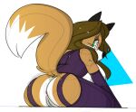  2018 anthro anus black_ears breasts brown_hair canid canine cassie_(foxydude) clothing dogfluid eyewear female fox fur genitals glasses green_eyes hair looking_back mammal markings multicolored_body multicolored_fur orange_body orange_fur orange_tail purple_clothing pussy solo tail_markings two_tone_body two_tone_fur two_tone_tail white_body white_fur white_tail 