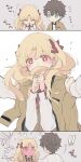  @_@ alternate_costume azumi_(myameco) blonde_hair blue_eyes blush bow brown_hair cold earrings ereshkigal_(fate) fate/grand_order fate_(series) fujimaru_ritsuka_(male) full-face_blush hoop_earrings jacket jewelry official_alternate_costume red_bow red_eyes red_ribbon ribbon sharing 