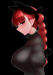  1girl animal_ears black_background black_bow bow braid breasts cat_ears covered_nipples dress extra_ears from_side hair_bow huge_breasts kaenbyou_rin looking_at_viewer mizuga outline pointy_ears profile red_eyes red_hair sideways_glance simple_background solo touhou twin_braids upper_body white_outline 