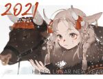  1girl 2021 absurdres ahoge animal_ears braid brown_eyes brown_hair bull chinese_zodiac closed_mouth coat commentary cow_ears cow_girl english_commentary english_text facepaint fur_trim happy_new_year highres horns long_hair new_year original signature snow solo_focus twin_braids upper_body year_of_the_ox yoimon 