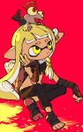  1girl agent_3_(splatoon_3) asymmetrical_hair bandaged_arm bandaged_foot bandaged_hand bandages black_pants black_shirt blonde_hair braid closed_mouth earpiece frown groin hand_on_own_face hand_up highres inari1369 inkling inkling_girl little_buddy_(splatoon) long_hair lowleg lowleg_pants no_nose on_head pants pointy_ears salmonid shirt sitting sleeveless sleeveless_shirt smallfry_(splatoon) splatoon_(series) splatoon_3 squidbeak_splatoon suction_cups sweatpants tentacle_hair torn_clothes torn_shirt yellow_eyes 