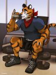  2022 anthro balls_outline bodily_fluids bottomwear bulge clothing drinking dumbbell felid frosted_flakes genital_outline hi_res kellogg&#039;s looking_at_viewer male mammal mascot muscular muscular_anthro muscular_male otternito pantherine shirt shorts sitting solo striped_body stripes sweat tiger tony_the_tiger topwear weights yellow_sclera 