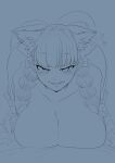  1girl animal_ear_fluff animal_ears bangs braid breasts cat_ears collarbone extra_ears fangs half-closed_eyes huge_breasts kaenbyou_rin looking_at_viewer lower_teeth mizuga monochrome multiple_tails nekomata nude parted_lips partially_undressed pointy_ears tail teeth top-down_bottom-up touhou twin_braids two_tails upturned_eyes wide_hips 