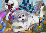  2022 amusement_park anthro artist_name breasts butt canid canine canis destruction fur hair hi_res holt-odium imminent_vore macro mammal open_mouth outside patreon patreon_logo pawpads red_eyes ruins sharp_teeth teeth underpaw water_park white_body white_fur wolf 