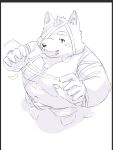  2022 anthro belly blush bulge canid canine halloween halloween_costume holidays humanoid_hands kemono male mammal mummy_costume navel overweight overweight_male pig_p0318 solo 