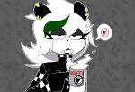  &lt;3 anthro beverage black_clothing clothed clothing coffee ear_piercing female fur giant_panda gloves hair handwear hi_res holding_object mammal mug nelljoestar piercing prohibition_sign short_hair solo speech_bubble teeth unimpressed ursid white_body white_fur white_hair 