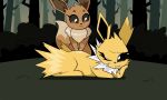  2017 brown_body brown_fur duo eevee eeveelution empty_eyes female feral forest forest_background fur generation_1_pokemon hand_on_face hi_res jolteon nature nature_background neck_tuft nelljoestar nintendo one_eye_closed plant pokemon pokemon_(species) tree tuft video_games yellow_body yellow_fur 
