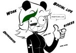  2017 anthro black_clothing clothed clothing crazy_eyes female fur gesture giant_panda gloves handwear hi_res insane lying mammal nelljoestar smile solo speech_bubble thumbs_up ursid white_body white_fur worried 