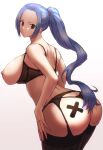  1girl ass ass_tattoo bangs black_bra black_thighhighs blue_hair blush bra breasts breasts_out brown_eyes closed_mouth commentary cowboy_shot didd_ley forehead from_side garter_belt garter_straps gradient gradient_background grey_background highres huge_ass large_breasts long_hair looking_at_viewer nefertari_vivi nipples one_piece parted_bangs ponytail simple_background smile solo standing thighhighs underwear underwear_only 
