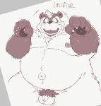  2022 anthro balls belly big_belly canid canine flaccid genitals hi_res humanoid_genitalia humanoid_hands humanoid_penis japanese_text kemono leaf male mammal moobs navel nipples overweight overweight_male penis pubes raccoon_dog small_penis solo suishou0602 tanuki text 