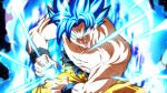  1boy abs aura blank_eyes blue_hair dragon_ball dragon_ball_super kamehameha male_focus muscular muscular_male open_mouth rom_(20) solo son_goku squatting super_saiyan super_saiyan_blue topless_male torn_clothes wristband 