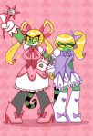  2017 3_fingers anthro blonde_hair boots bow_ribbon clothed clothing dress duo eliza_(nelljoestar) female fingers fishnet fishnet_legwear footwear gloves green_body hair handwear hi_res high_heeled_boots high_heels iguanid legwear lizard long_hair long_tail magical_girl_outfit nelljoestar pigtails ponytail reptile scalie skull_symbol smile star_pupils tongue tongue_out unimpressed wand yellow_sclera 