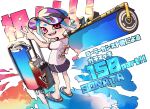  1girl :d black_skirt blue_hair fang flingza_roller_(splatoon) full_body gradient_hair hero_roller_(splatoon) highres inari1369 legs_apart light_blue_hair long_hair miniskirt multicolored_hair octarian octoling octoling_girl over_shoulder pink_eyes pink_hair sandals shadow shirt short_sleeves single_vertical_stripe skirt smile splatoon_(series) standing suction_cups teeth tentacle_hair two-tone_hair uneven_eyes v visor_cap white_shirt 