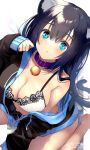  1girl animal_ear_fluff animal_ears bell black_hair blue_eyes blush bra breasts cat_girl chita_(ketchup) hair_between_eyes highres jacket jingle_bell long_hair looking_at_viewer open_clothes open_jacket original simple_background solo tail underwear white_bra 
