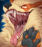  anthro artist_name bodily_fluids canid cheek_tuft claws facial_tuft fangs fur glistening glistening_eyes grey_claws grey_pawpads hi_res looking_at_viewer mammal mouth_shot open_mouth orange_body orange_eyes orange_fur pawpads pupils red_tongue saliva saliva_on_tongue saliva_string santanahoffman simple_background solo tan_body tan_fur tongue tongue_out tuft uvula white_pupils 