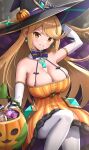  1girl alternate_costume bangs blonde_hair bow bowtie breasts candy chair cleavage earrings elbow_gloves food gloves gonzarez halloween halloween_bucket halloween_costume hat highres huge_breasts jewelry knees_up long_hair looking_at_viewer mythra_(radiant_beach)_(xenoblade) pantyhose pumpkin sitting skindentation smile solo star_(symbol) star_earrings swept_bangs teeth very_long_hair white_pantyhose witch witch_hat xenoblade_chronicles_(series) xenoblade_chronicles_2 yellow_eyes 