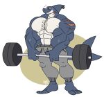  anthro barbell bee_(maybee) big_muscles bodily_fluids body_hair chest_hair deadlift exercise facial_hair fish hi_res male marine muscular piercing shark solo sweat sweatpants turquoize_art weightlifting workout 