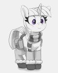  bag bangs clothing equid equine female feral footwear friendship_is_magic greyscale hasbro hi_res horn looking_down mammal monochrome my_little_pony pabbley partially_colored purple_eyes saddle_bag scarf shoes simple_background smile solo standing twilight_sparkle_(mlp) unicorn unicorn_horn 