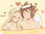  1boy 1girl absurdres angel_wings artist_name blonde_hair breasts brown_hair closed_eyes closed_mouth collarbone cuddling hand_on_another&#039;s_arm heart hetero highres hug karbuitt kid_icarus kid_icarus_uprising light_particles long_hair medium_breasts mixed_bathing nude onsen partially_submerged pit_(kid_icarus) short_hair smile towel towel_on_head viridi water wings yellow_theme 