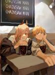  1boy 1girl arm_on_table bangs black_jacket blonde_hair chainsaw_man closed_mouth cola collared_shirt commentary copyright_name denji_(chainsaw_man) drink drinking_straw elbow_on_table english_text hair_over_one_eye hand_on_own_cheek hand_on_own_face head_rest highres holding holding_drinking_straw indoors jacket kuramochi_(mochi_kura_008) long_bangs long_hair long_sleeves looking_at_viewer one_eye_covered pink_hair power_(chainsaw_man) red_eyes sharp_teeth shirt short_hair sitting sleeves_pushed_up symbol-shaped_pupils table teeth white_shirt 