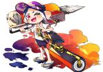  1girl ;d bike_shorts_under_skirt black_shorts blue_hair dark_blue_hair fang flingza_roller_(splatoon) full_body gradient_hair hero_roller_(splatoon) highres inari1369 legs_apart long_hair miniskirt multicolored_hair octarian octoling octoling_girl one_eye_closed open_mouth over_shoulder pink_eyes purple_skirt red_hair sandals shirt short_sleeves shorts simple_background single_vertical_stripe skirt smile solo splatoon_(series) standing suction_cups tentacle_hair two-tone_hair v white_background white_shirt 