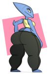  2018 alien anthro big_butt black_clothing blue_body bottomwear breasts butt claws clothing curvy_figure dogfluid female hi_res looking_back solo thick_thighs topwear wide_hips yellow_clothing yellow_eyes 