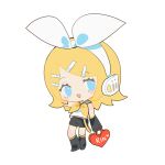  1girl bag bangs black_sailor_collar black_shorts black_sleeves blonde_hair blue_eyes bow chibi chinese_commentary detached_sleeves full_body hair_bow headset heart heart-shaped_bag highres holding holding_bag indai_(3330425) kagamine_rin light_blush neckerchief open_mouth parted_bangs red_bag sailor_collar sailor_shirt shirt shorts simple_background sleeveless sleeveless_shirt smile solo standing vocaloid white_background white_bow white_shirt yellow_neckerchief 