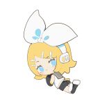  1girl bangs black_sailor_collar black_shorts black_sleeves blonde_hair blue_eyes bow chibi chinese_commentary closed_mouth commentary crossed_legs detached_sleeves from_behind full_body hair_bow headset highres indai_(3330425) kagamine_rin light_blush light_smile looking_at_viewer looking_back lying medium_hair midriff_peek on_ground on_stomach parted_bangs sailor_collar sailor_shirt shirt shorts simple_background sleeveless sleeveless_shirt solo vocaloid white_background white_bow white_shirt 