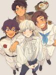  4boys animal_on_shoulder axis_powers_hetalia blonde_hair blue_neckerchief blush brown_eyes brown_hair dark-skinned_male dark_skin egg_(food) fang flower food grey_background grin hand_on_another&#039;s_shoulder highres holding holding_tray iceland_(hetalia) indonesia_(hetalia) looking_at_viewer malaysia_(hetalia) multiple_boys neckerchief ninonuko open_mouth philippines_(hetalia) rice sailor_collar smile tarsier tray white_sailor_collar 
