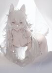  1girl all_fours animal_ears atelier_live bed_sheet bra breasts cleavage commentary cowboy_shot english_commentary grey_eyes hair_between_eyes highres long_hair mari_the_hybrid medium_breasts parted_lips scar scar_on_arm scar_on_leg scar_on_neck signature solo tail underwear white_hair white_theme yoimon 