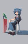  1girl absurdres advent_cirno blue_bow blue_dress blue_eyes blue_hair bow brown_footwear cirno closed_mouth dress full_body hair_bow highres nyztsune short_sleeves shoulder_guard sitting smile solo touhou twitter_username watermelon_sword 