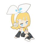  1girl :| bangs black_sailor_collar black_shorts black_sleeves blonde_hair blue_eyes bow chibi chinese_commentary closed_mouth commentary detached_sleeves expressionless full_body hair_bow headset highres indai_(3330425) kagamine_rin knee_up leg_warmers light_blush looking_away looking_down neckerchief on_ground parted_bangs sailor_collar sailor_shirt shirt shorts simple_background sitting sleeveless sleeveless_shirt solo vocaloid white_background white_bow white_shirt yellow_neckerchief 