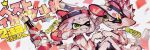  1boy 1girl backwards_hat confetti green_eyes grin hat holding inari1369 inkling inkling_boy inkling_girl looking_at_another one_eye_closed pointy_ears shirt shoes short_hair sleeves_past_elbows smile splatoon_(series) squeezer_(splatoon) striped striped_shirt suction_cups teeth tentacle_hair visor_cap 