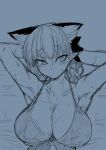 1girl :/ animal_ear_fluff animal_ears armpits arms_up braid breasts cat_ears cleavage collarbone huge_breasts kaenbyou_rin looking_to_the_side mizuga monochrome pointy_ears sketch solo touhou twin_braids wet 